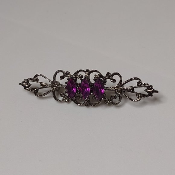 Cool Little Dark Brooch With Purple Plastic Stones - Picture 1 of 8